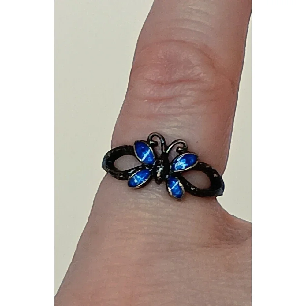 Vintage Nevada Silver Mine 925 Sterling Silver Blue Butterfly Ring Sz 4.5 Adjust